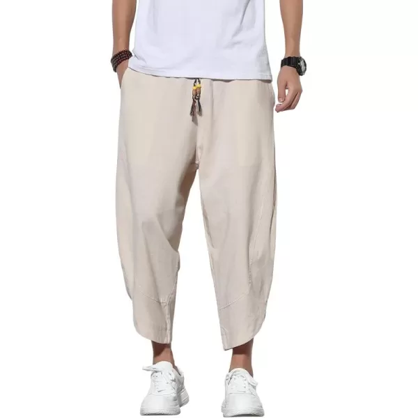 chouyatou Mens Summer Elastic Waist Loose Lightweight Baggy Ethnic Linen Beach Cropped Harem PantsKhaki