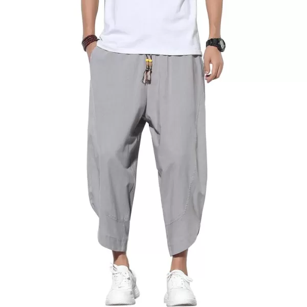 chouyatou Mens Summer Elastic Waist Loose Lightweight Baggy Ethnic Linen Beach Cropped Harem PantsLight Grey