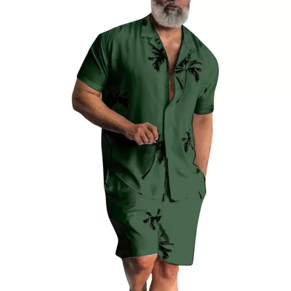 chouyatou Mens Summer Hawaiian Coconut Palm Print 2 Piece Outfits Button Down Shirt and Shorts SetsArmy Green