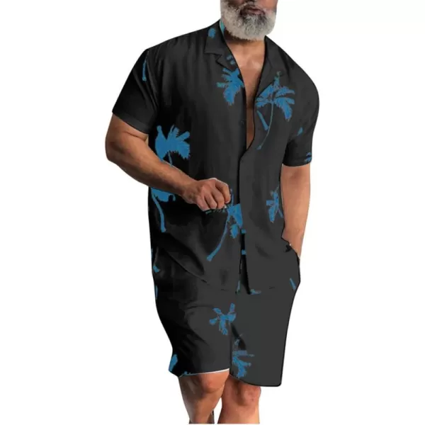 chouyatou Mens Summer Hawaiian Coconut Palm Print 2 Piece Outfits Button Down Shirt and Shorts SetsBlack Blue