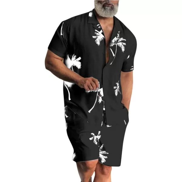 chouyatou Mens Summer Hawaiian Coconut Palm Print 2 Piece Outfits Button Down Shirt and Shorts SetsBlack White