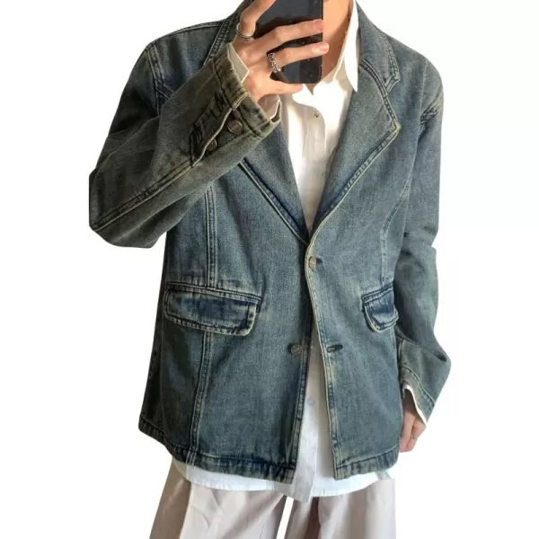 chouyatou Mens Vintage 2 Button Denim Blazer Notched Lapel Distressed Jean Suit Jacket Sport CoatBlue