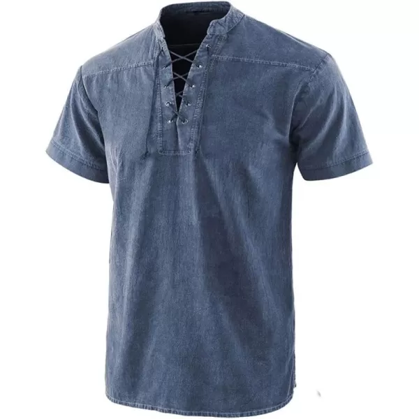 chouyatou Mens Vintage Tie Dye LaceUp Notch Neck Hippie Pullover Henley ShirtShort Blue