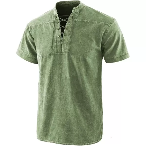chouyatou Mens Vintage Tie Dye LaceUp Notch Neck Hippie Pullover Henley ShirtShort Green
