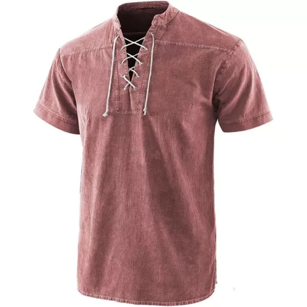 chouyatou Mens Vintage Tie Dye LaceUp Notch Neck Hippie Pullover Henley ShirtShort Red