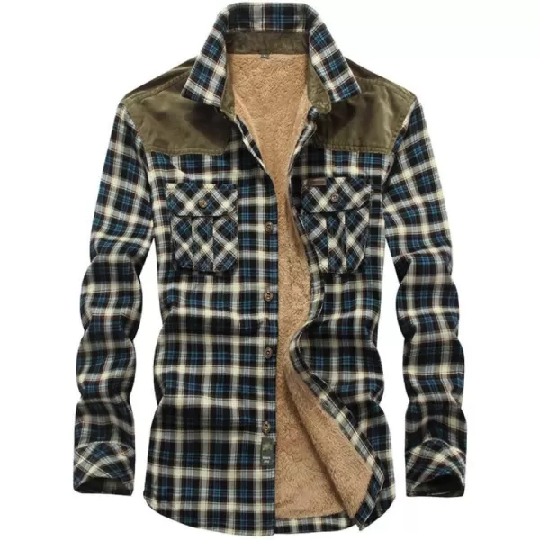 chouyatou Mens Warm Long Sleeve Fleece Lined Spliced Plaid Button Down ShirtGreen