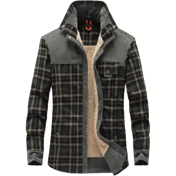 chouyatou Mens Warm Long Sleeve Fleece Lined Spliced Plaid Button Down ShirtLgreen
