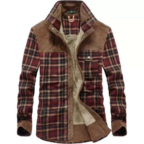 chouyatou Mens Warm Long Sleeve Fleece Lined Spliced Plaid Button Down ShirtLred