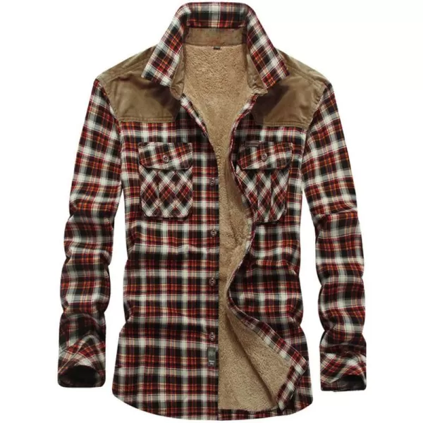 chouyatou Mens Warm Long Sleeve Fleece Lined Spliced Plaid Button Down ShirtRed