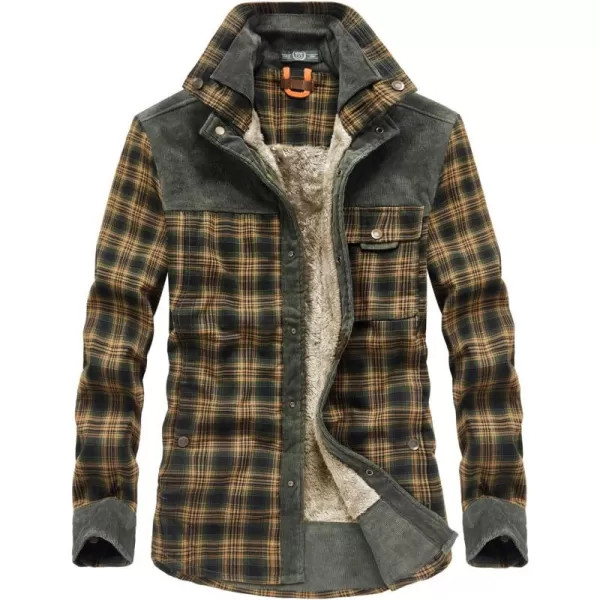 chouyatou Mens Warm Long Sleeve Fleece Lined Spliced Plaid Button Down ShirtSgreen