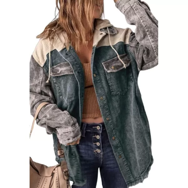 chouyatou Womens Casual Corduroy Open Front Hooded Color Block Shirts Shackets JacketBlackish Green