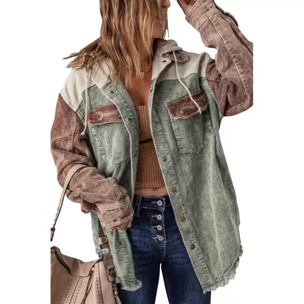 chouyatou Womens Casual Corduroy Open Front Hooded Color Block Shirts Shackets JacketGreen