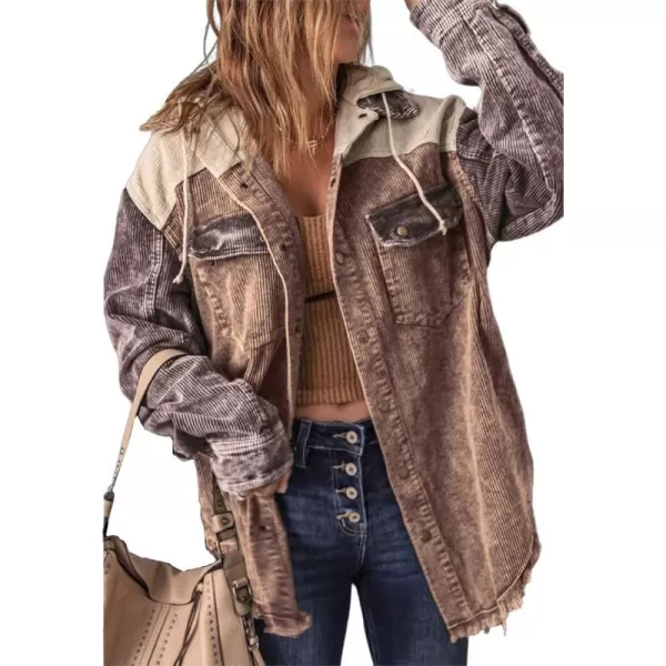 chouyatou Womens Casual Corduroy Open Front Hooded Color Block Shirts Shackets JacketKhaki