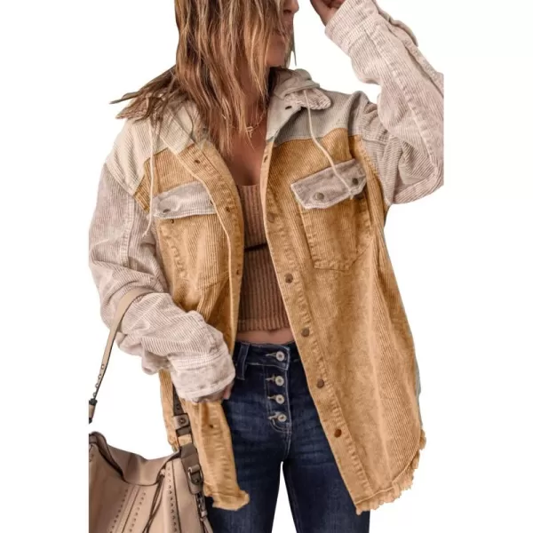 chouyatou Womens Casual Corduroy Open Front Hooded Color Block Shirts Shackets JacketOrange
