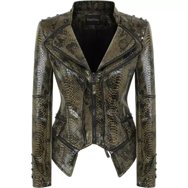 chouyatou Womens Fashion Snake Pattern Print Studded Moto Pu Leather Biker JacketArmy Green