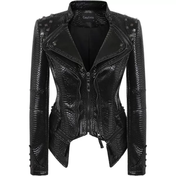 chouyatou Womens Fashion Snake Pattern Print Studded Moto Pu Leather Biker JacketBlack