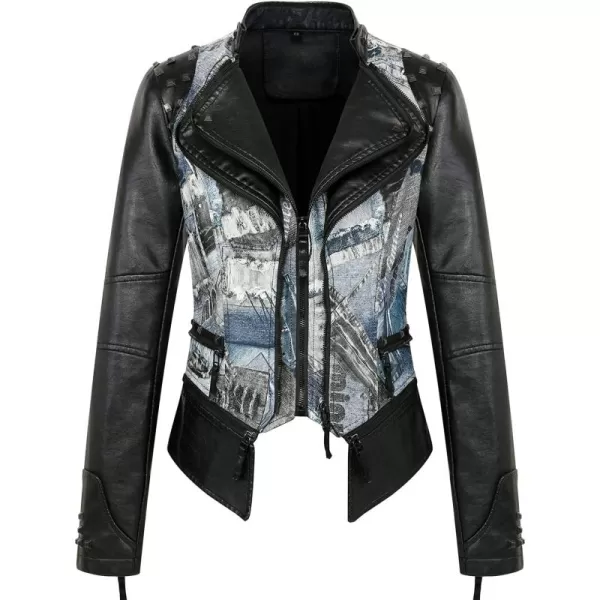 chouyatou Womens Fashion Snake Pattern Print Studded Moto Pu Leather Biker JacketContrastblue