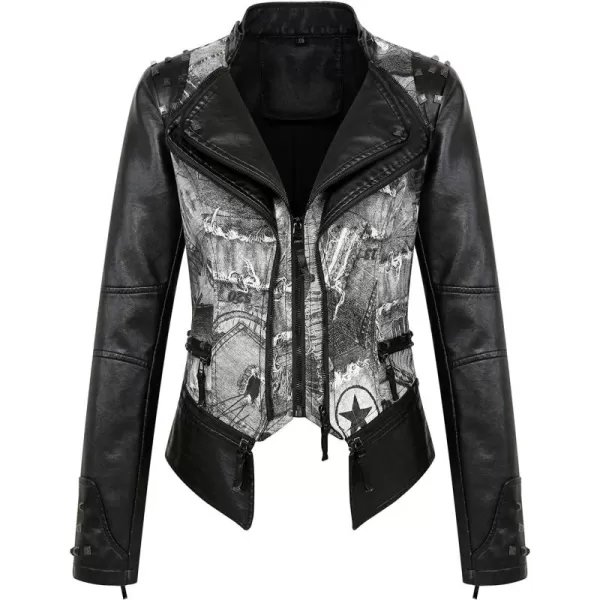 chouyatou Womens Fashion Snake Pattern Print Studded Moto Pu Leather Biker JacketContrastgrey