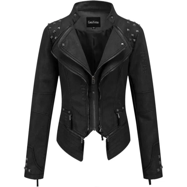chouyatou Womens Fashion Snake Pattern Print Studded Moto Pu Leather Biker JacketDenim Black