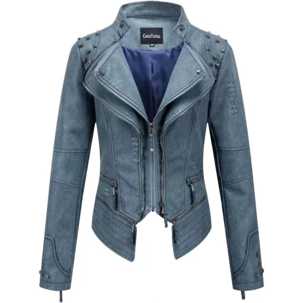 chouyatou Womens Fashion Snake Pattern Print Studded Moto Pu Leather Biker JacketDenim Blue