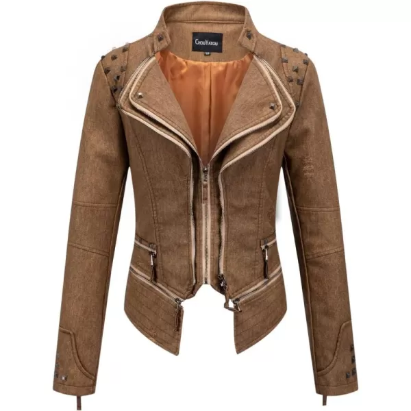 chouyatou Womens Fashion Snake Pattern Print Studded Moto Pu Leather Biker JacketDenim Brown