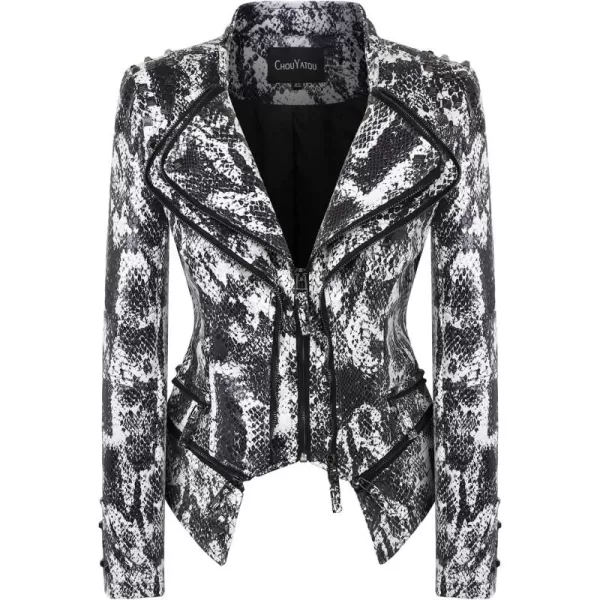 chouyatou Womens Fashion Snake Pattern Print Studded Moto Pu Leather Biker JacketWhite
