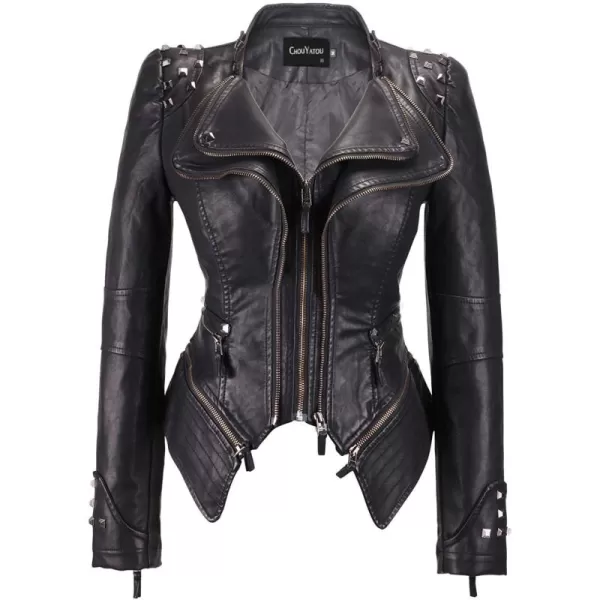 chouyatou Womens Fashion Studded Perfectly Shaping Faux Leather Biker JacketBlack