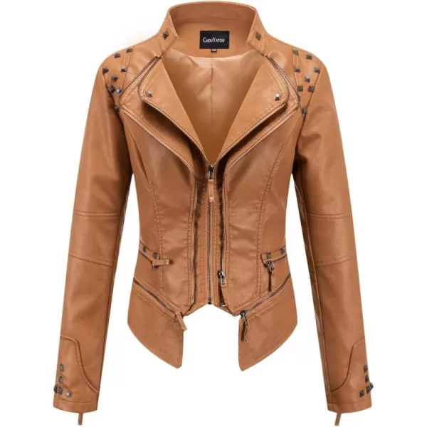 chouyatou Womens Fashion Studded Perfectly Shaping Faux Leather Biker JacketBrown