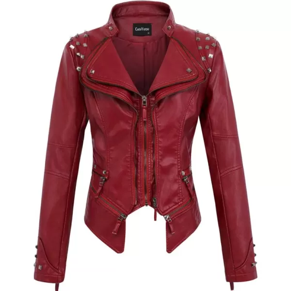 chouyatou Womens Fashion Studded Perfectly Shaping Faux Leather Biker JacketDark Red
