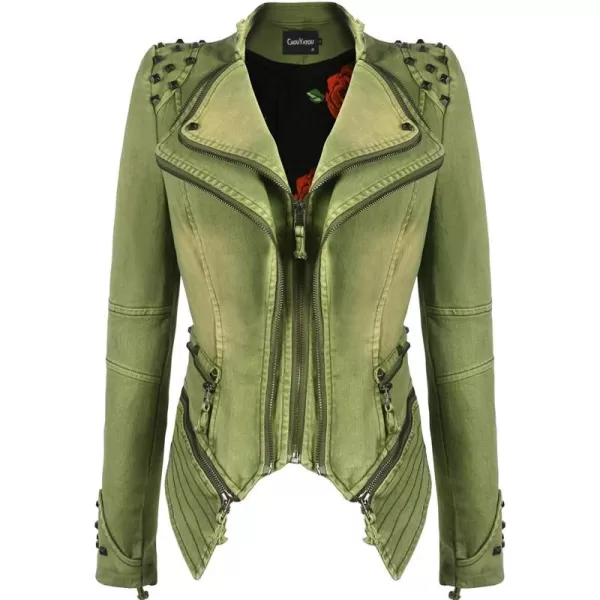 chouyatou Womens Fashion Studded Perfectly Shaping Faux Leather Biker JacketDenimgreen