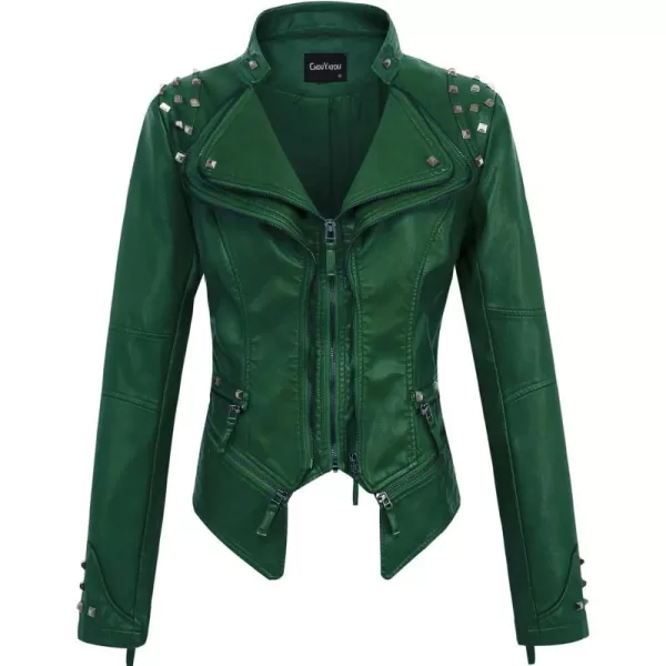 chouyatou Womens Fashion Studded Perfectly Shaping Faux Leather Biker JacketGreen