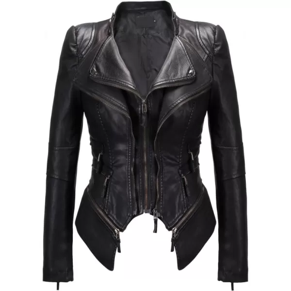 chouyatou Womens Fashion Studded Perfectly Shaping Faux Leather Biker JacketNewblack