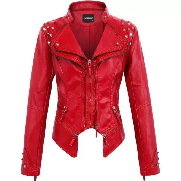 chouyatou Womens Fashion Studded Perfectly Shaping Faux Leather Biker JacketRed