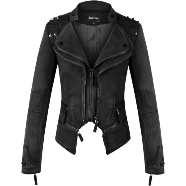 chouyatou Womens Fashion Studded Perfectly Shaping Faux Leather Biker JacketSuede Black