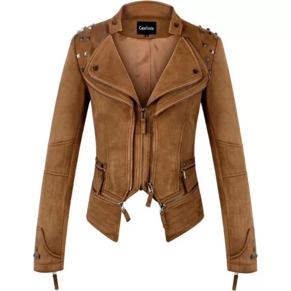 chouyatou Womens Fashion Studded Perfectly Shaping Faux Leather Biker JacketSuede Brown
