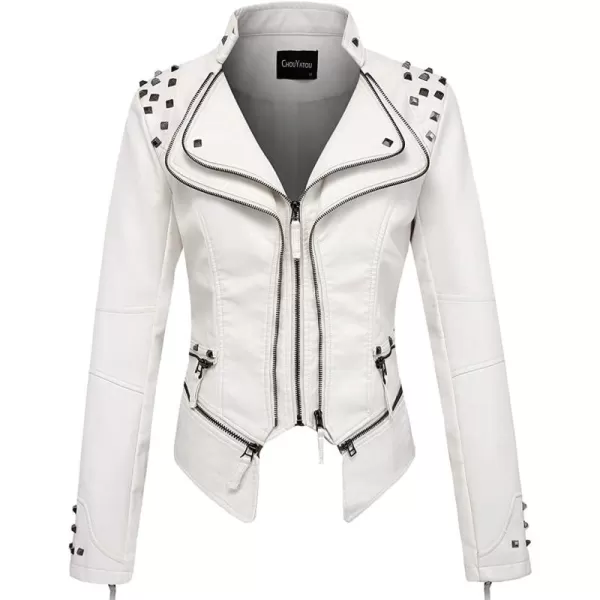 chouyatou Womens Fashion Studded Perfectly Shaping Faux Leather Biker JacketWhite