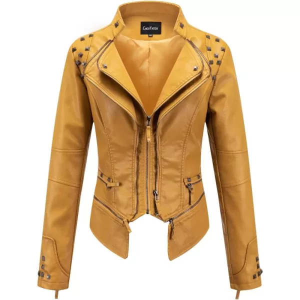 chouyatou Womens Fashion Studded Perfectly Shaping Faux Leather Biker JacketYellow