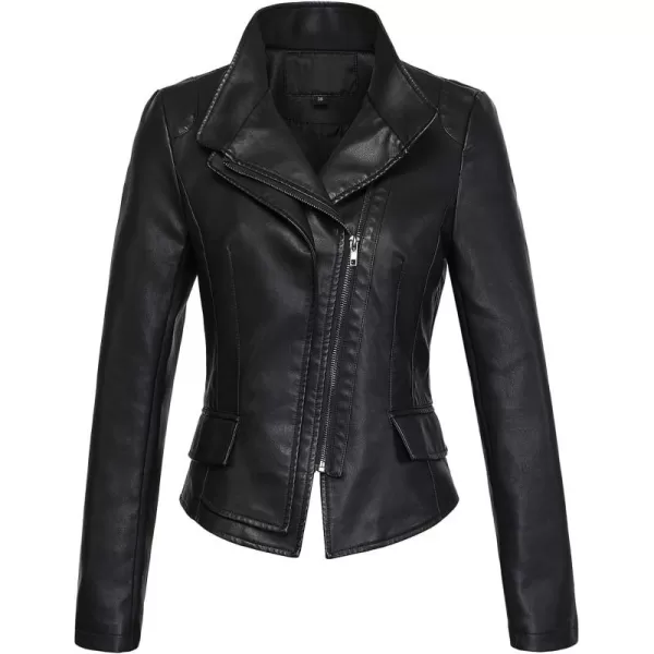 chouyatou Womens Stylish Oblique Zip Slim Faux Leather Biker Outerwear JacketBlack