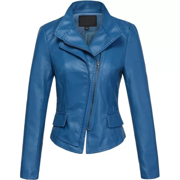 chouyatou Womens Stylish Oblique Zip Slim Faux Leather Biker Outerwear JacketBlue