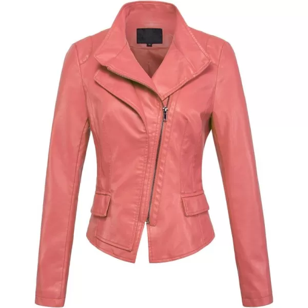 chouyatou Womens Stylish Oblique Zip Slim Faux Leather Biker Outerwear JacketPink