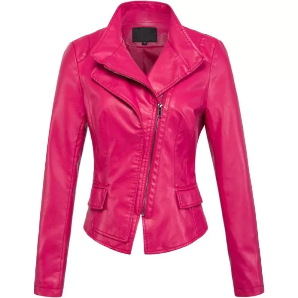 chouyatou Womens Stylish Oblique Zip Slim Faux Leather Biker Outerwear JacketRose