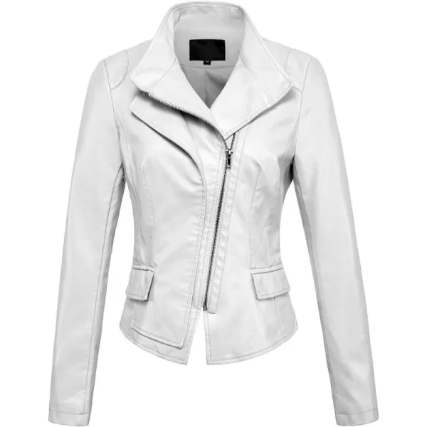 chouyatou Womens Stylish Oblique Zip Slim Faux Leather Biker Outerwear JacketWhite