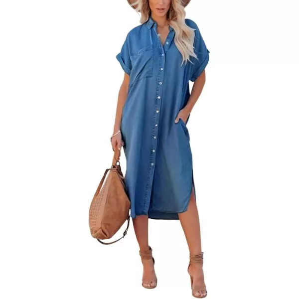 chouyatou Womens Summer Loose Hand Pocket Midi Long Tunic Denim Shirt DressDark Blue