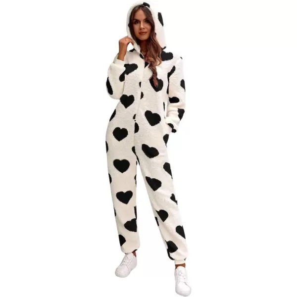 chouyatou Womens Sweet Heart Pattern Furry Sherpa Romper Ultra Soft Onesie Pajamas Jumpsuit Pants with HoodBlack