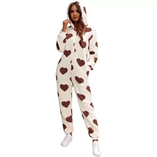 chouyatou Womens Sweet Heart Pattern Furry Sherpa Romper Ultra Soft Onesie Pajamas Jumpsuit Pants with HoodBrown