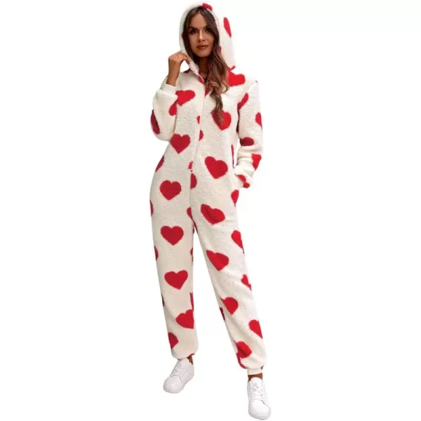 chouyatou Womens Sweet Heart Pattern Furry Sherpa Romper Ultra Soft Onesie Pajamas Jumpsuit Pants with HoodRed