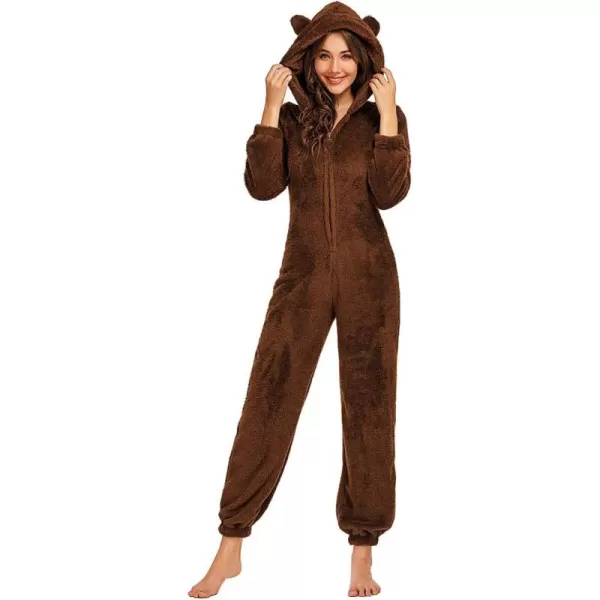 chouyatou Womens Ultra Comfy Lounge Furry Sherpa Romper Onesie Pajamas Cute Ear HoodBrown