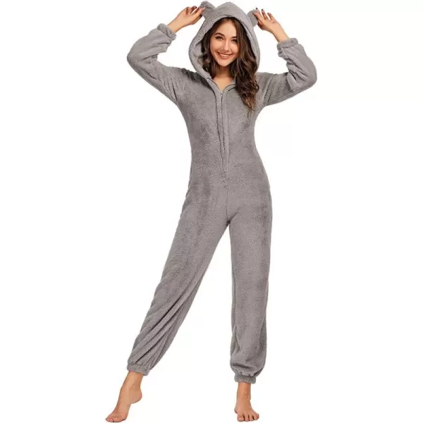 chouyatou Womens Ultra Comfy Lounge Furry Sherpa Romper Onesie Pajamas Cute Ear HoodGrey