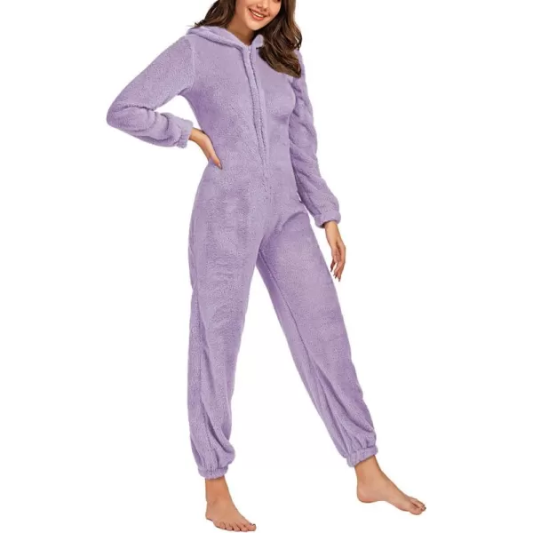 chouyatou Womens Ultra Comfy Lounge Furry Sherpa Romper Onesie Pajamas Cute Ear HoodLight Purple