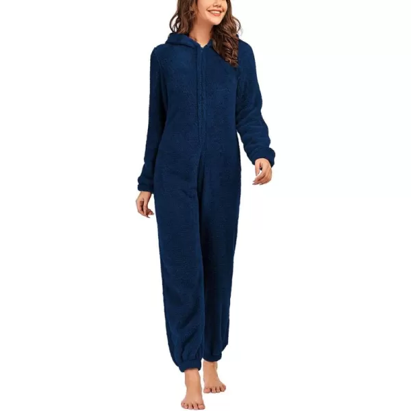 chouyatou Womens Ultra Comfy Lounge Furry Sherpa Romper Onesie Pajamas Cute Ear HoodNavy Blue